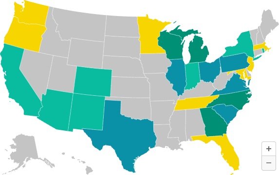 U.S. choropleth map showing the top 25 states for HOMES and HEAR rebates, color-coded by program status and maximum incentive amount, from Energy-Models.com